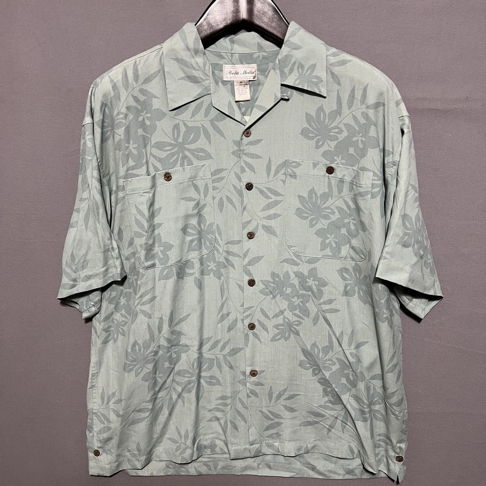 Poeta Moda Shirt Mens XL Green Hawaiian Aloha Floral Rayon‎ Camp Button Up
